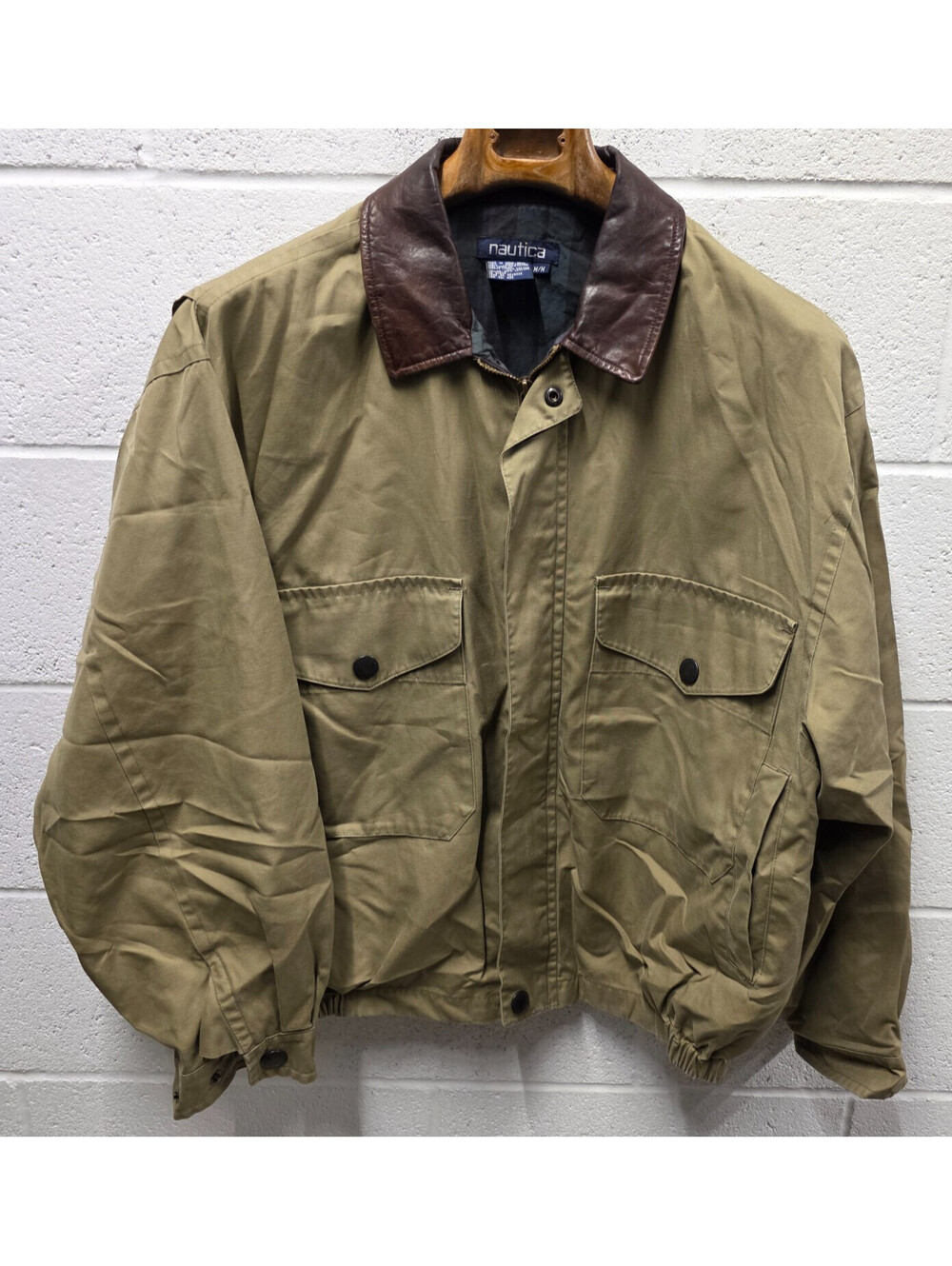 Vintage Nautica Bomber Jacket Coat Men’s  Medium M Beige Leather Collar 25x28